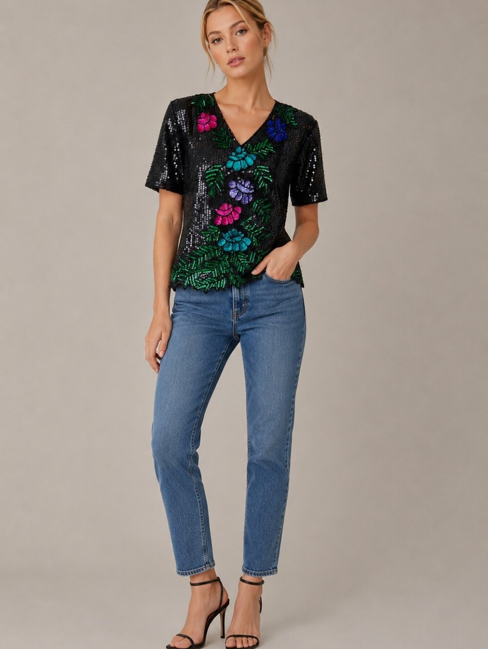 Vintage Stenay Sequin Beaded  Floral Top, Size M